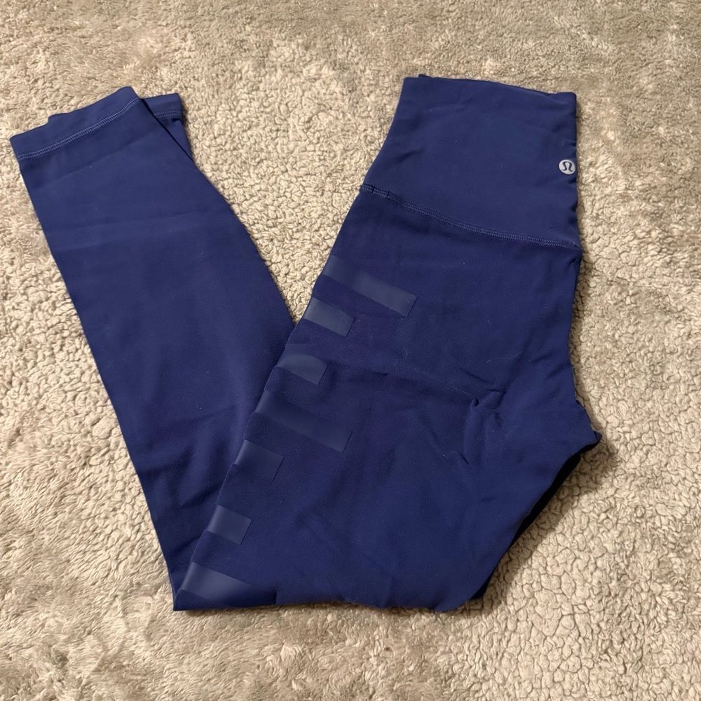 Lululemon align blue written logo on leg 25” leggings size 4